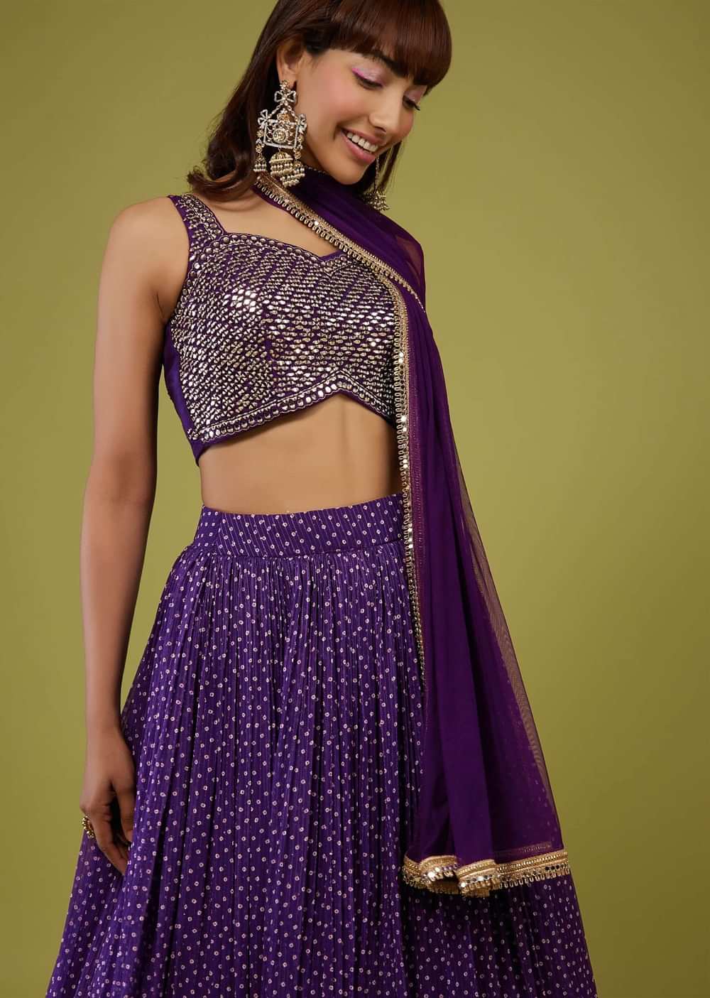 Violet Purple Bandhani Print Lehenga Set In Georgette With Mirror Work