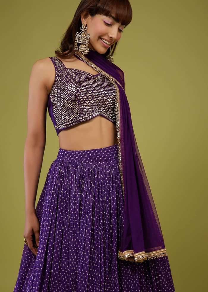 Violet Purple Bandhani Print Lehenga Set In Georgette With Mirror Work