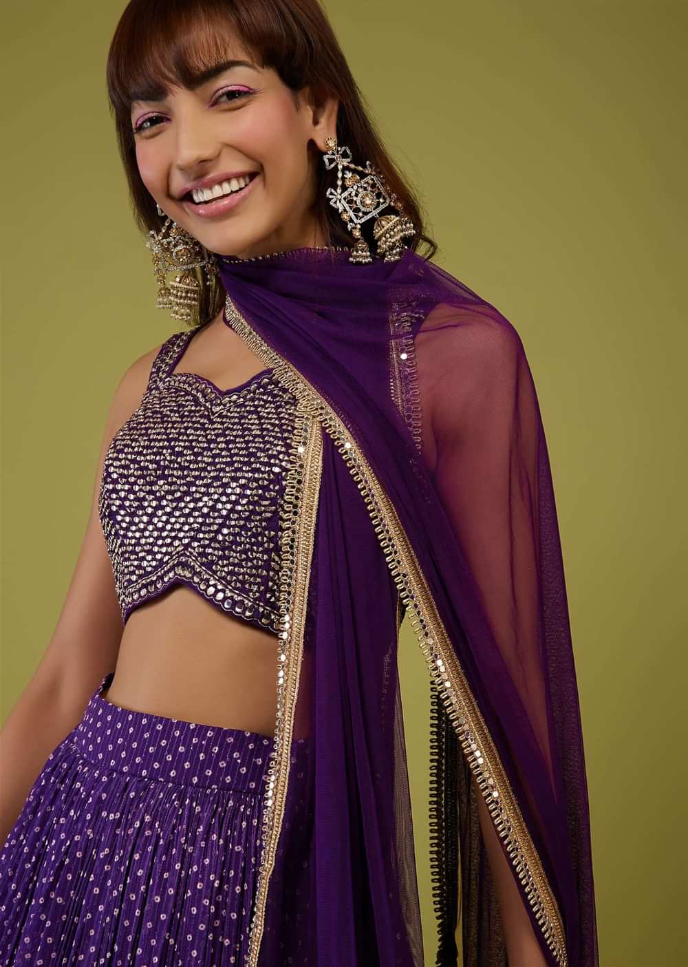 Violet Purple Bandhani Print Lehenga Set In Georgette With Mirror Work