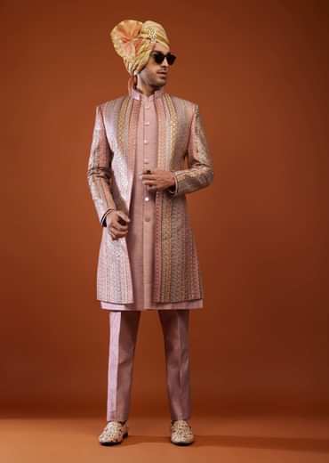 Onion Pink Silk Embroidered Sherwani Set