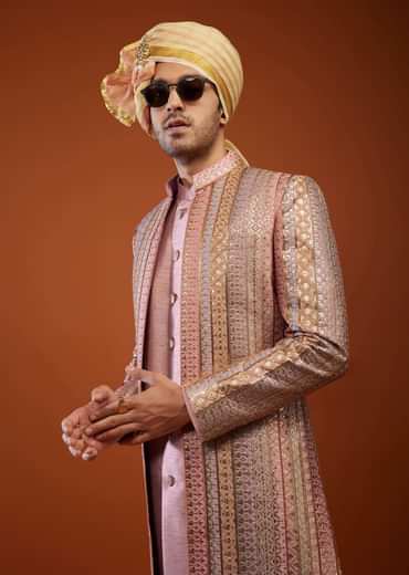 Onion Pink Silk Embroidered Sherwani Set