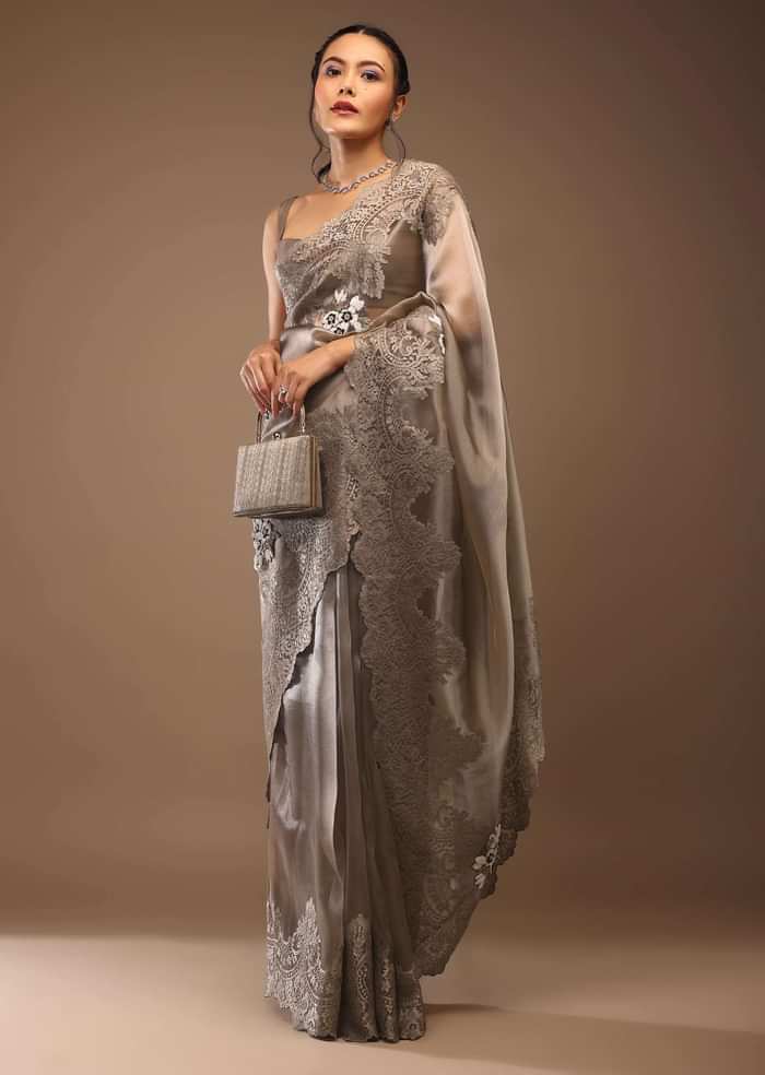 Ginger Brown Saree In Tissue Organza With Beaded And Cut Dana Embroidery Motifs, Crop Top Crafted In Raw Silk With A Corset Neckline