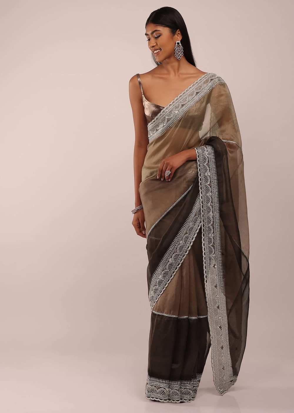 Ginger Snap And Burnt Olive Saree In Tissue With White Beads, Silver Zari And French Knots On The Pallu Border In Scallops Design