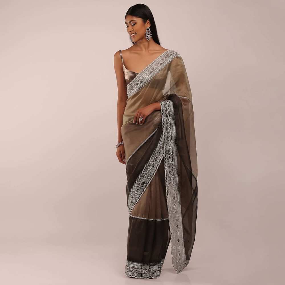 Ginger Snap And Burnt Olive Saree In Tissue With White Beads, Silver Zari And French Knots On The Pallu Border In Scallops Design