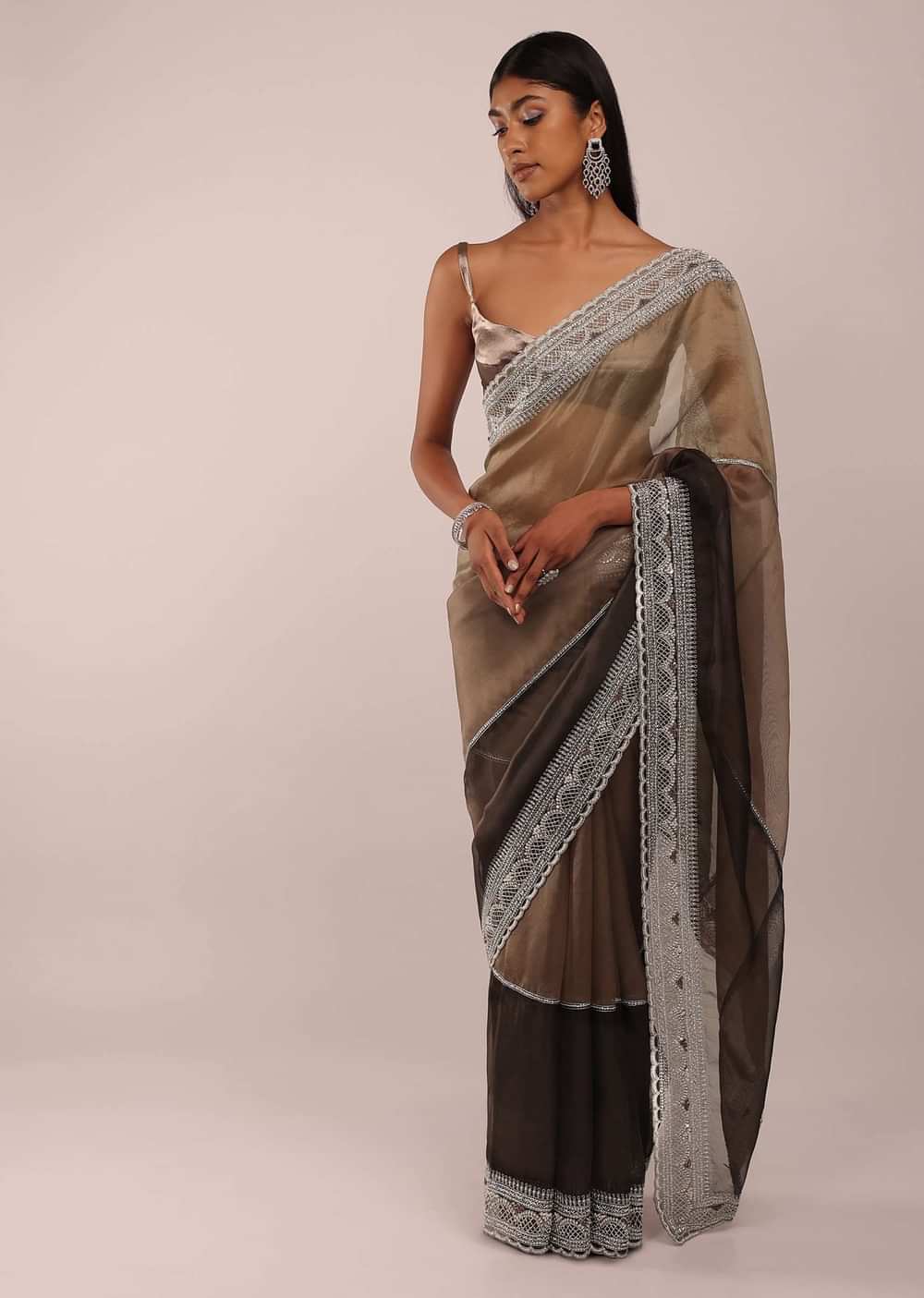 Ginger Snap And Burnt Olive Saree In Tissue With White Beads, Silver Zari And French Knots On The Pallu Border In Scallops Design