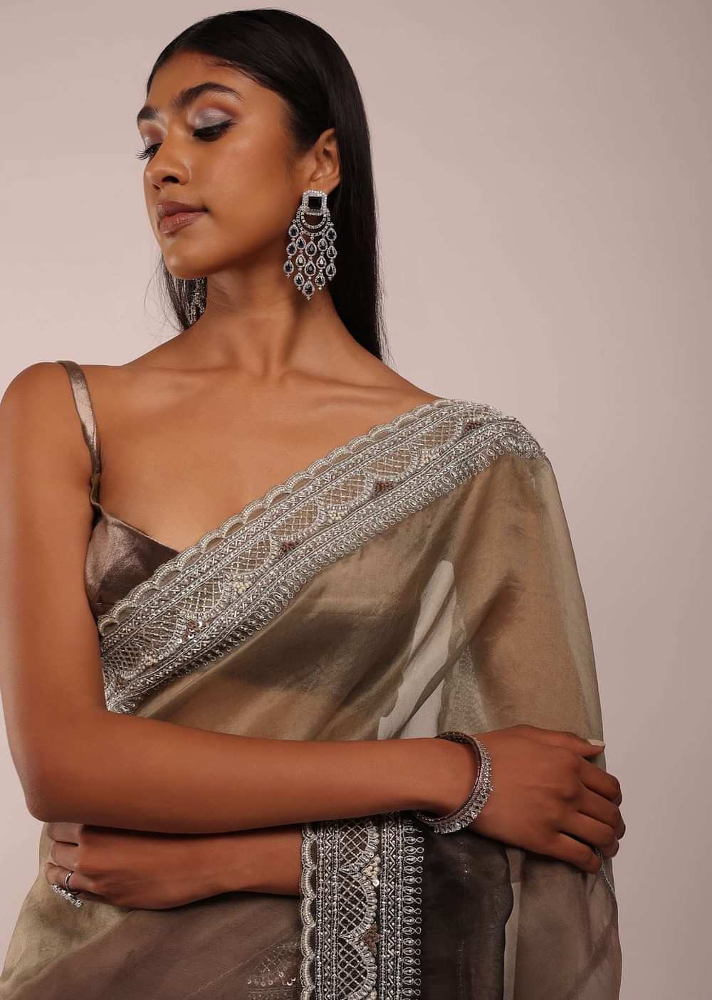 Ginger Snap And Burnt Olive Saree In Tissue With White Beads, Silver Zari And French Knots On The Pallu Border In Scallops Design