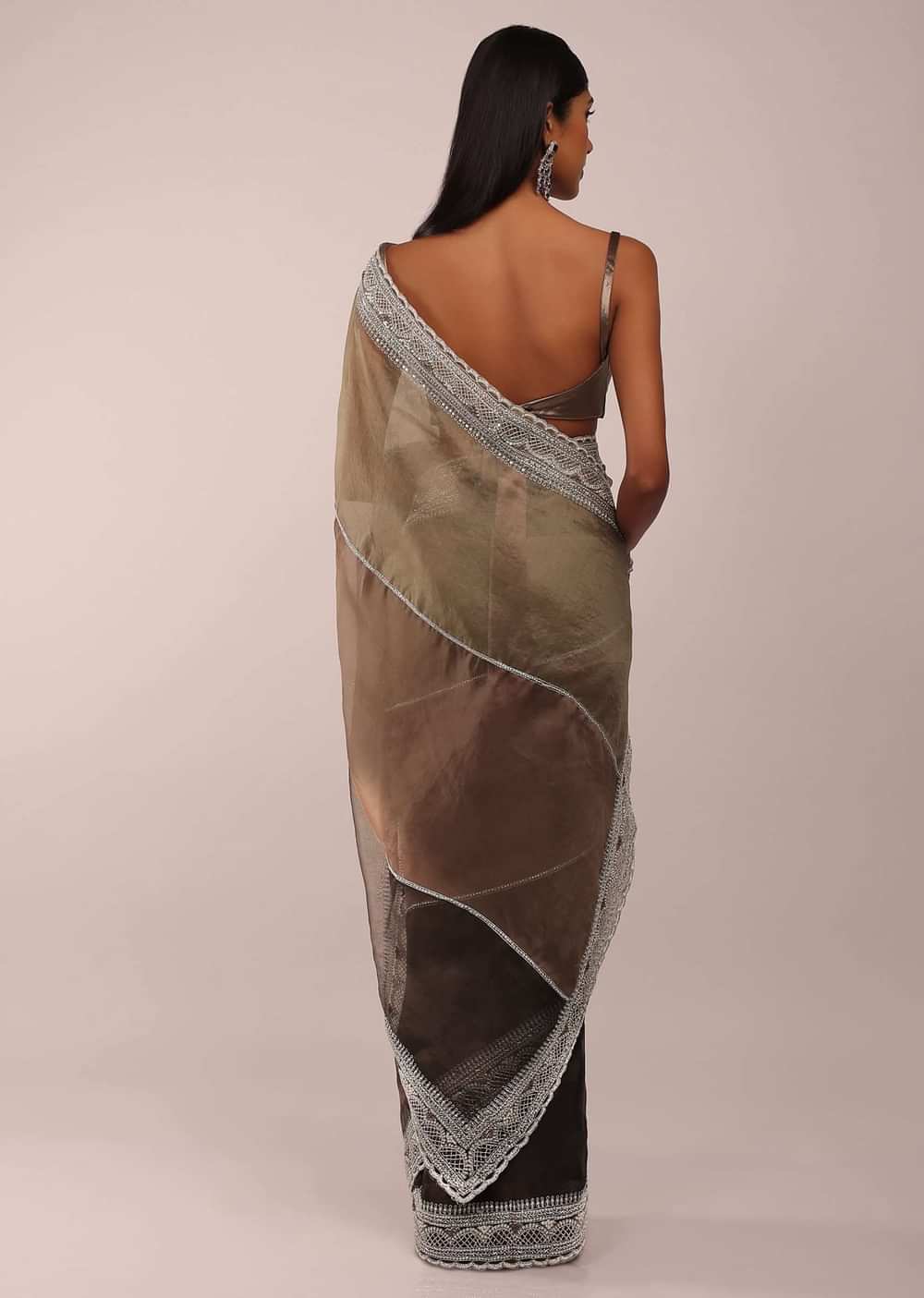 Ginger Snap And Burnt Olive Saree In Tissue With White Beads, Silver Zari And French Knots On The Pallu Border In Scallops Design