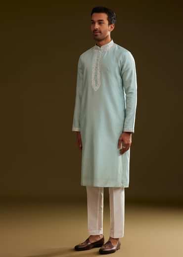 Glacier Blue Silk Kurta Set With Yoke Embroidery