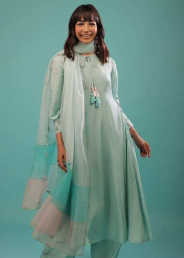 Powder Blue Silk A Line Palazzo Suit With Mirror Work