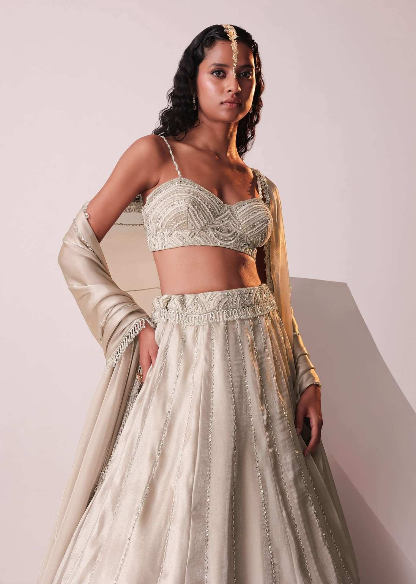 Glam Silver Embroidered Lehenga Set In Organza