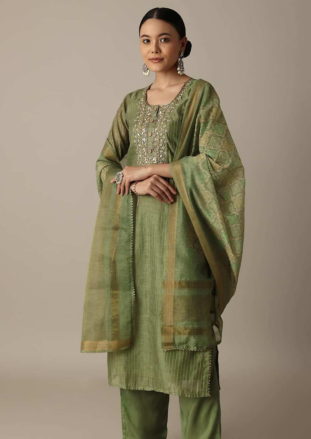 Glamorous Green Gotta Patti Work Kurti Pant Set