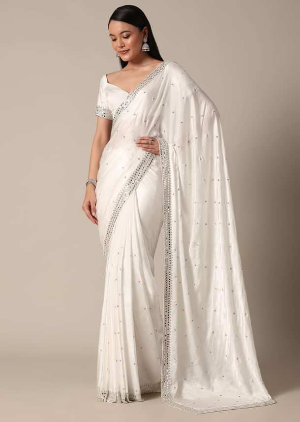 Glamorous White Chinnon Saree With Stone Embellishments