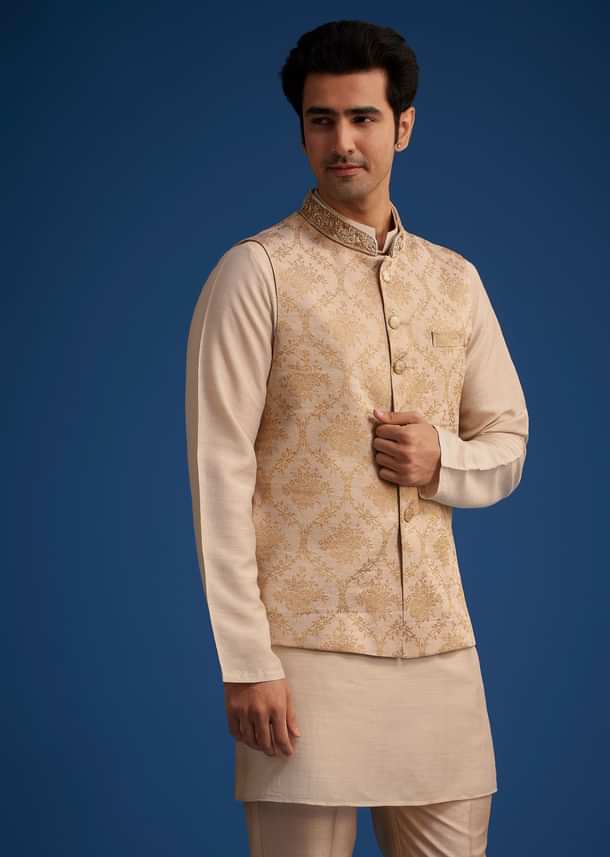 Gold Beige Banarasi Silk Kurta Jacket Set With Self Work