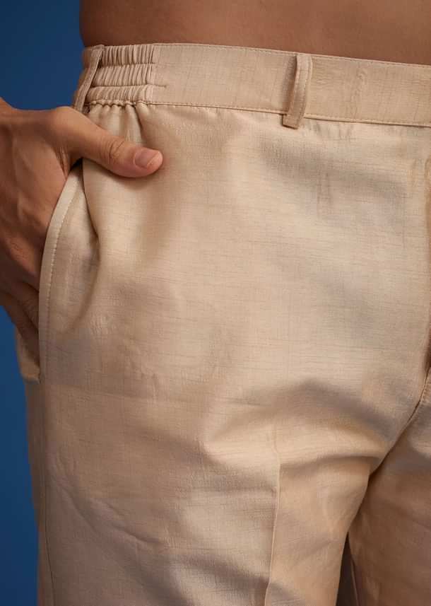 Gold Beige Banarasi Silk Kurta Jacket Set With Self Work