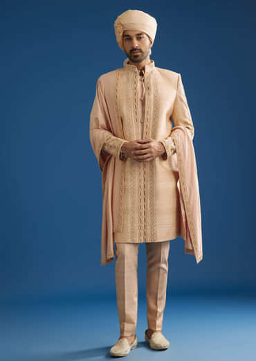 Gold Beige Raw Silk Sherwani Set With Beads And Cutdana Embroidery
