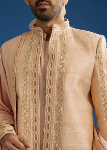 Gold Beige Raw Silk Sherwani Set With Beads And Cutdana Embroidery