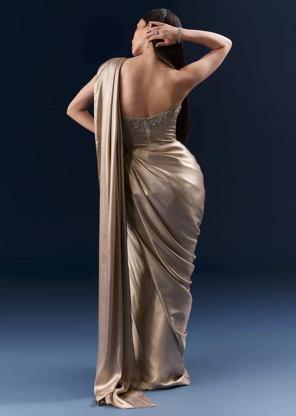 Gold Crepe Crop Top And Drape Skirt Set With Embroidery