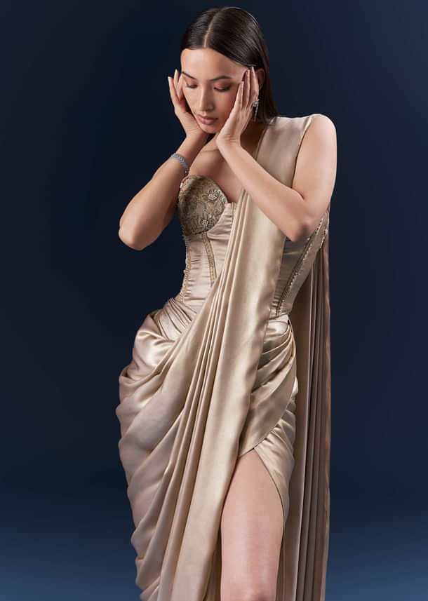 Gold Crepe Crop Top And Drape Skirt Set With Embroidery