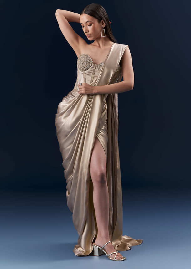 Gold Crepe Crop Top And Drape Skirt Set With Embroidery