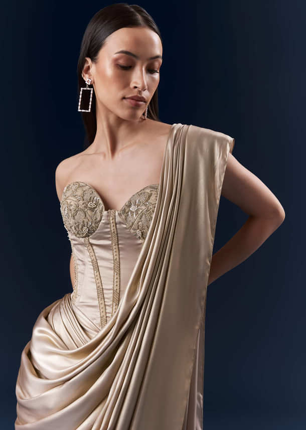 Gold Crepe Crop Top And Drape Skirt Set With Embroidery