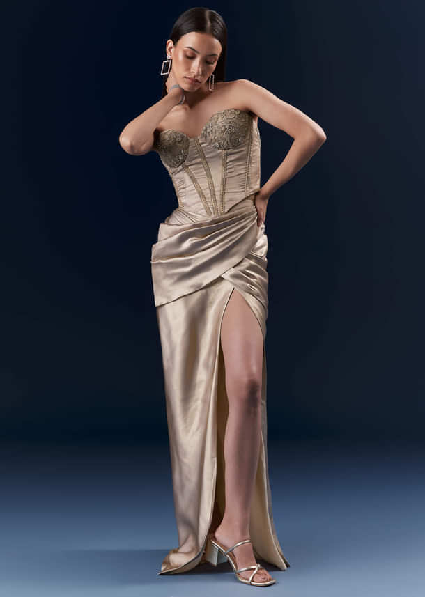 Gold Crepe Crop Top And Drape Skirt Set With Embroidery