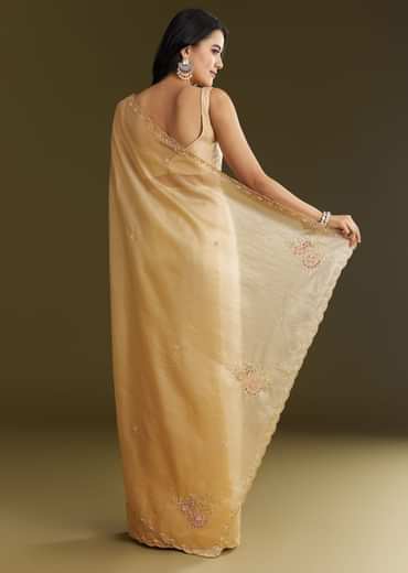 Gold Crushed Tissue Saree With Floral Embroidery And Scallop Border