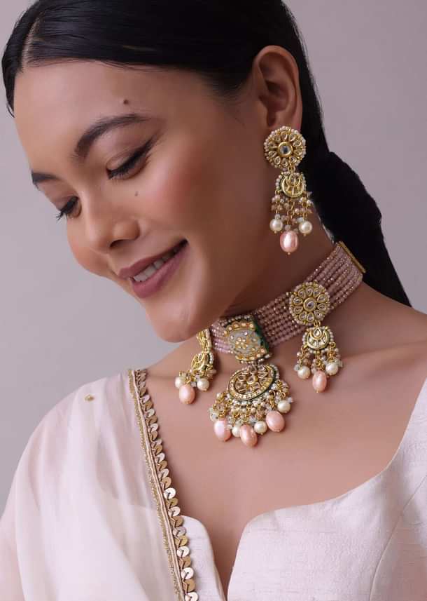 Gold-Finish Kundan Choker Necklace Set With Multicolor Meenakari Work In Mix Metal Gold-Finish Kundan Choker Necklace Set With Multicolor Meenakari Work In Mix Metal