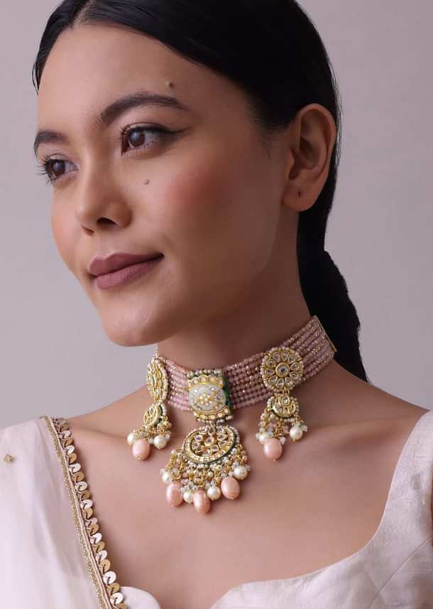 Gold-Finish Kundan Choker Necklace Set With Multicolor Meenakari Work In Mix Metal Gold-Finish Kundan Choker Necklace Set With Multicolor Meenakari Work In Mix Metal