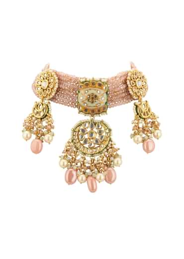 Gold-Finish Kundan Choker Necklace Set With Multicolor Meenakari Work In Mix Metal