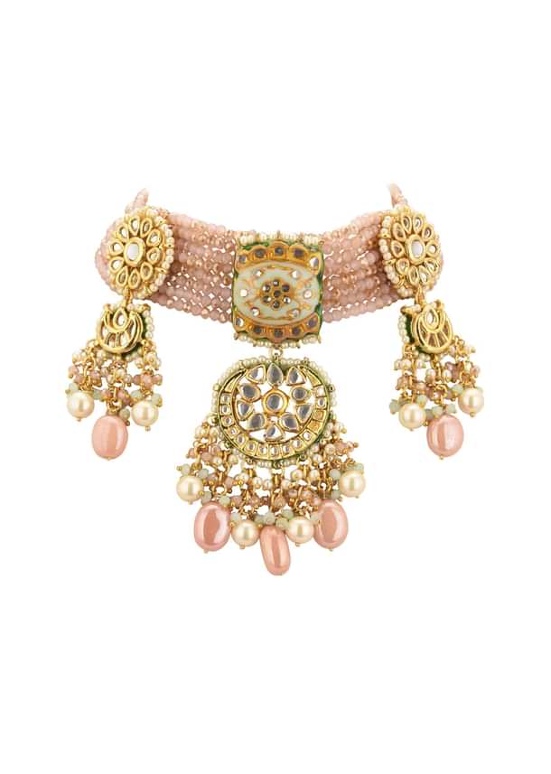 Gold-Finish Kundan Choker Necklace Set With Multicolor Meenakari Work In Mix Metal Gold-Finish Kundan Choker Necklace Set With Multicolor Meenakari Work In Mix Metal