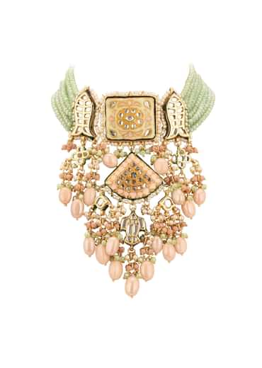 Gold-Finish Bridal Kundan Chokar Necklace Set With Beads And Multicolor Meenakari In Mix Metal