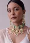 Gold-Finish Green-Stone Kundan Choker Necklace Set With Colourful Meenakari Work In Mix Metal