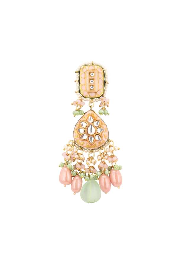 Gold-Finish Green-Stone Kundan Choker Necklace Set With Colourful Meenakari Work In Mix Metal