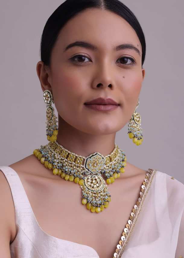Gold-Finish Kundan Choker Necklace With Colorful Intricate Meenakari Work And Stones In Mix Metal