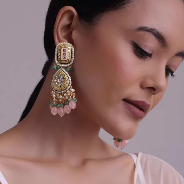 Gold-Finish Kundan Dangler Earrings With Multicolor Meenakari Work And Drop-Stones In Mix Metal Gold-Finish Kundan Dangler Earrings With Multicolor Meenakari Work And Drop-Stones In Mix Metal