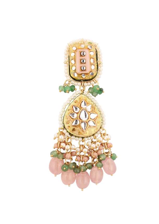 Gold-Finish Kundan Dangler Earrings With Multicolor Meenakari Work And Drop-Stones In Mix Metal Gold-Finish Kundan Dangler Earrings With Multicolor Meenakari Work And Drop-Stones In Mix Metal