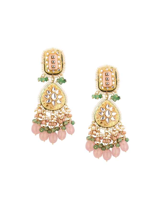 Gold-Finish Kundan Dangler Earrings With Multicolor Meenakari Work And Drop-Stones In Mix Metal Gold-Finish Kundan Dangler Earrings With Multicolor Meenakari Work And Drop-Stones In Mix Metal