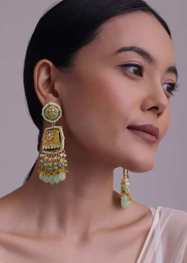 Gold-Finish Kundan Dangler Earrings With Colourful Meenakari Work And Stones In Mix Metal