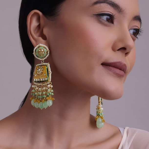 Gold-Finish Kundan Dangler Earrings With Colourful Meenakari Work And Stones In Mix Metal Gold-Finish Kundan Dangler Earrings With Colourful Meenakari Work And Stones In Mix Metal