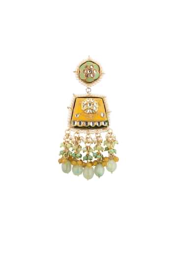 Gold-Finish Kundan Dangler Earrings With Colourful Meenakari Work And Stones In Mix Metal