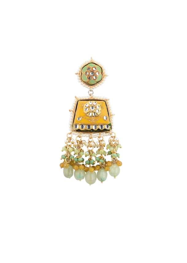 Gold-Finish Kundan Dangler Earrings With Colourful Meenakari Work And Stones In Mix Metal Gold-Finish Kundan Dangler Earrings With Colourful Meenakari Work And Stones In Mix Metal