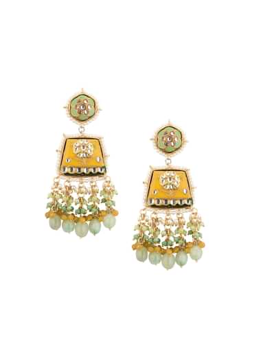 Gold-Finish Kundan Dangler Earrings With Colourful Meenakari Work And Stones In Mix Metal