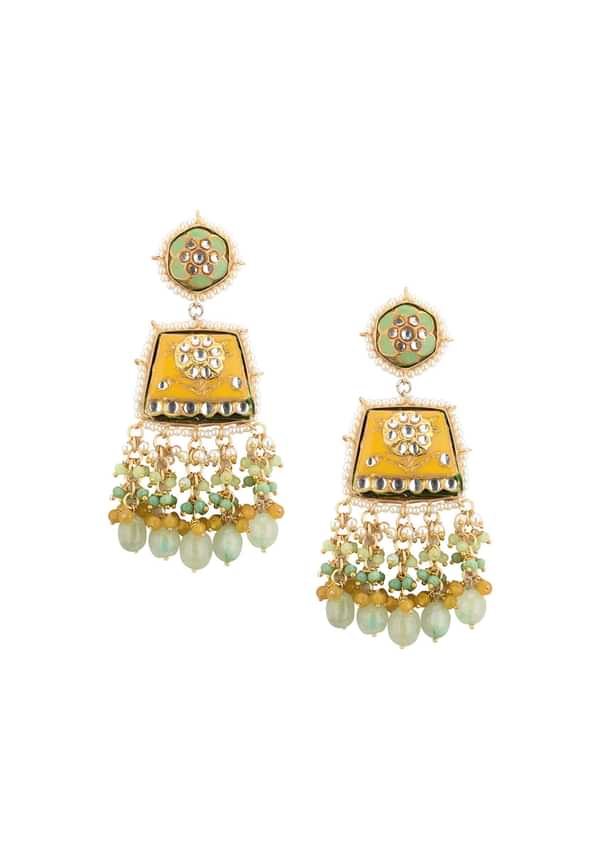 Gold-Finish Kundan Dangler Earrings With Colourful Meenakari Work And Stones In Mix Metal Gold-Finish Kundan Dangler Earrings With Colourful Meenakari Work And Stones In Mix Metal
