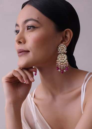 Gold-Finish Ruby Stone Kundan Necklace Set With Colourful Meenakari Work In Mix Metal