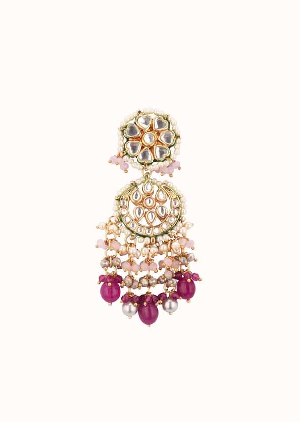 Gold-Finish Ruby Stone Kundan Necklace Set With Colourful Meenakari Work In Mix Metal