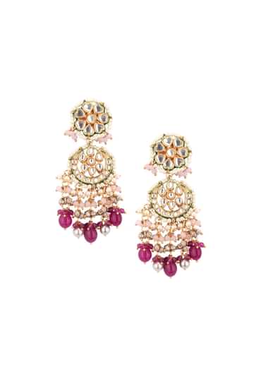 Gold-Finish Ruby Stone Kundan Necklace Set With Colourful Meenakari Work In Mix Metal