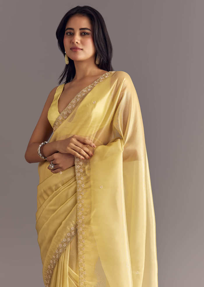 Gold Glossy Tissue Saree With Floral Cutdana And Moti Embroidery