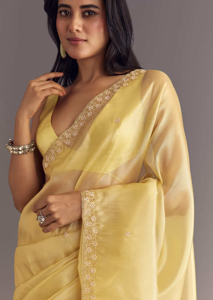 Gold Glossy Tissue Saree With Floral Cutdana And Moti Embroidery