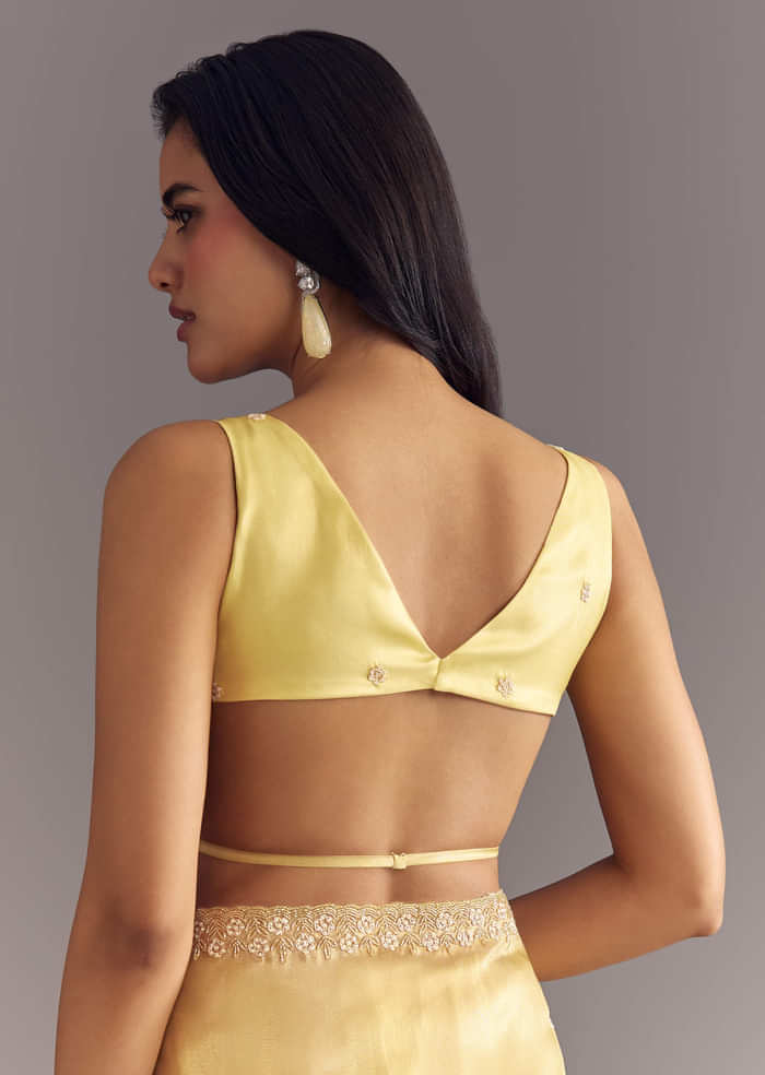 Gold Glossy Tissue Saree With Floral Cutdana And Moti Embroidery