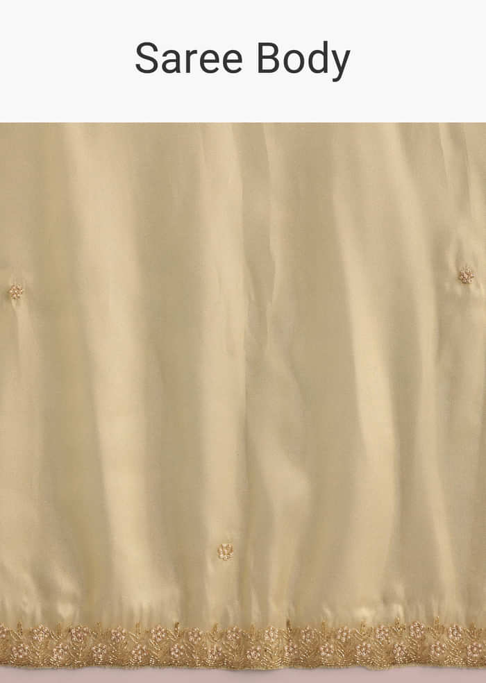 Gold Glossy Tissue Saree With Floral Cutdana And Moti Embroidery